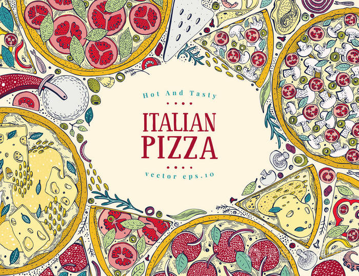 插画 矢量意大利比萨顶级视图彩色框.一套经典的意大利菜.