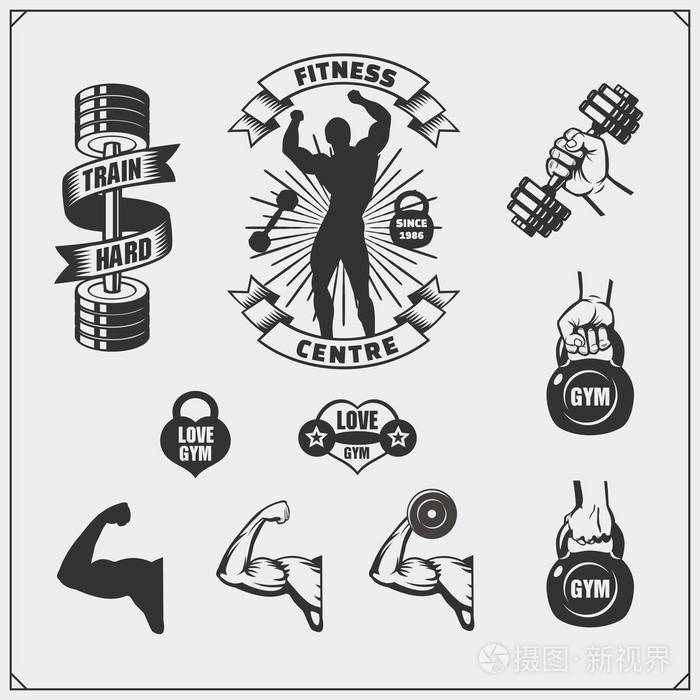 黑色和白色健身标签, 标志, 徽章, 标志和设计元素的集合.