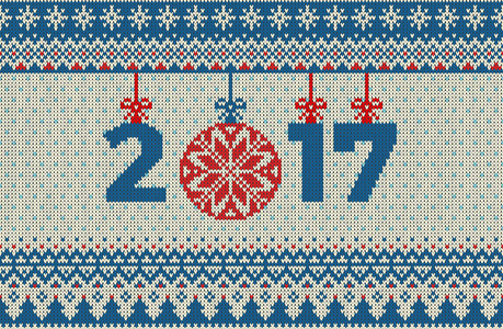 快乐圣诞及新年无缝针织的模式与圣诞球 雪花和冷杉。斯堪的纳维亚风格。冬天的节日毛衫设计。矢量图