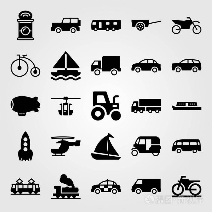 传输矢量图标集.汽车,旅行车,警车和帆船