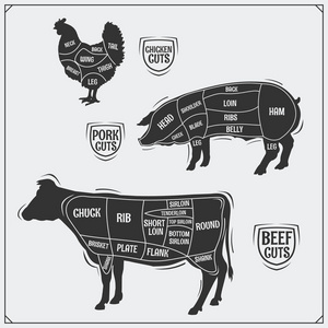 割肉。鸡肉 猪肉和牛肉。复古风格
