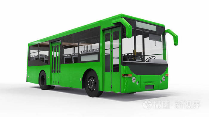 小城市绿色公共汽车在白色背景.3d 渲染