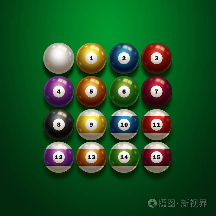 台球 全套台球球被隔离在一个绿色的背景.台球.图