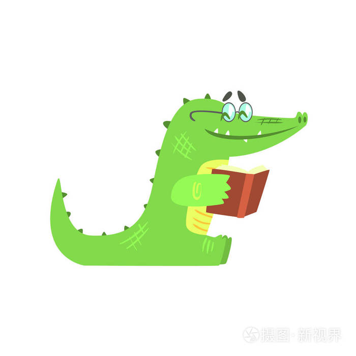 读一本书,人性化绿色爬虫动物的鳄鱼性格每日活动