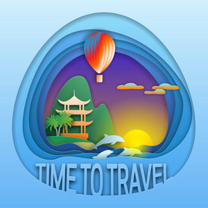 时间旅行会徽模板。夕阳与热气球, 海豚, 宝塔附近的山和棕榈树。剪纸风格中的旅游标签插图
