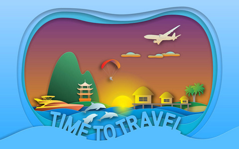 时间到旅行矢量插图的剪纸风格。日落, 海景度假村配有平房, 游艇, 宝塔, 滑翔伞, 岛屿, 海豚和飞机。旅游卡设计