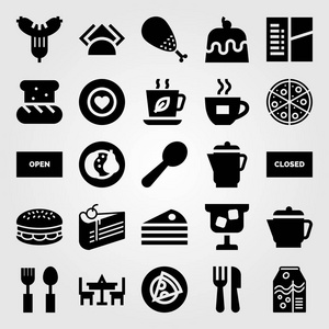 餐厅矢量图标集。餐桌, 餐具, 汉堡和蛋糕