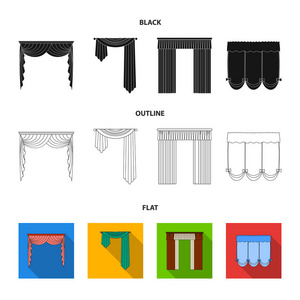 不同类型的窗帘。窗帘集图标黑色, 平面, 轮廓风格矢量符号股票插画网站