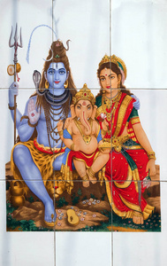 印度加尔各答墙上布尔纳和甘妮莎的印度教女神湿婆多彩插画