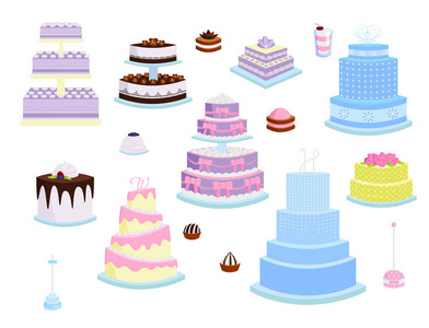 婚礼矢量蛋糕馅饼甜点甜点面包房平面简单的风格烘烤婚礼日食品插图