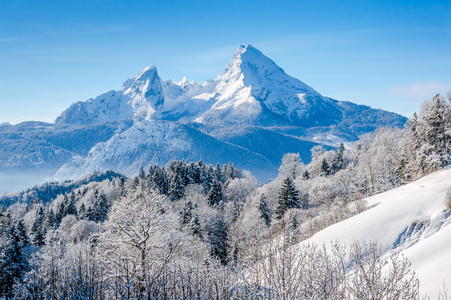 与 Watzmann 地块，德国巴伐利亚阿尔卑斯山冬季景观