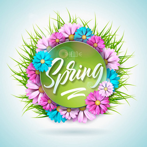 春天自然设计与美丽五颜六色的花在绿色草背景。带有版式字母的矢量花卉设计模板