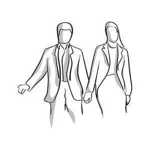 商人和女商人牵手与灰色阴影矢量插图素描手绘制与黑色线隔离在白色背景上