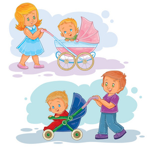 设置剪辑艺术插图更老的兄弟和妹妹推着婴儿车，婴儿推车