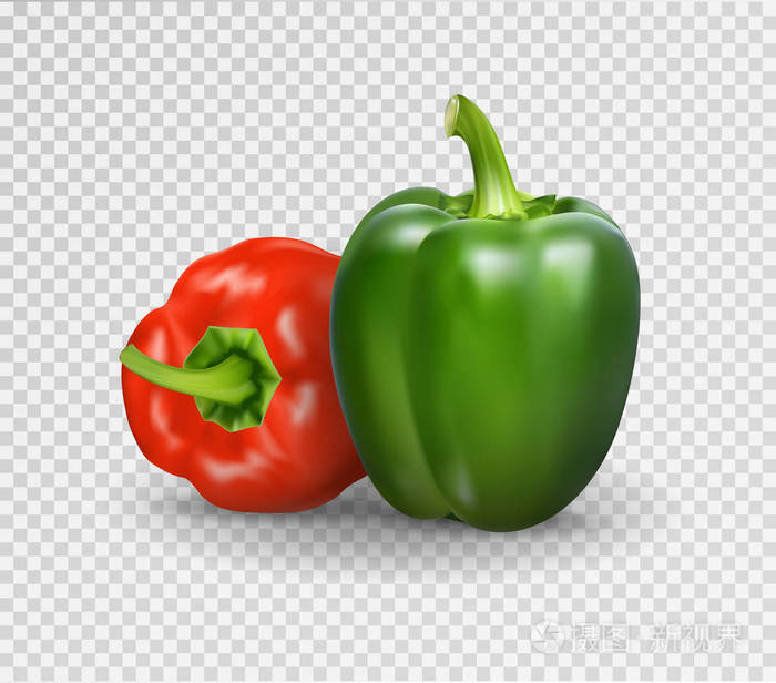 矢量逼真的甜椒插图.3d 在透明背景下的红色和绿色蔬菜