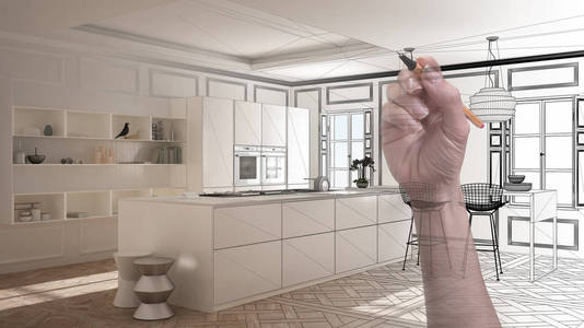 手绘定制现代简约白色厨房。量身定做的未完工项目建筑室内设计