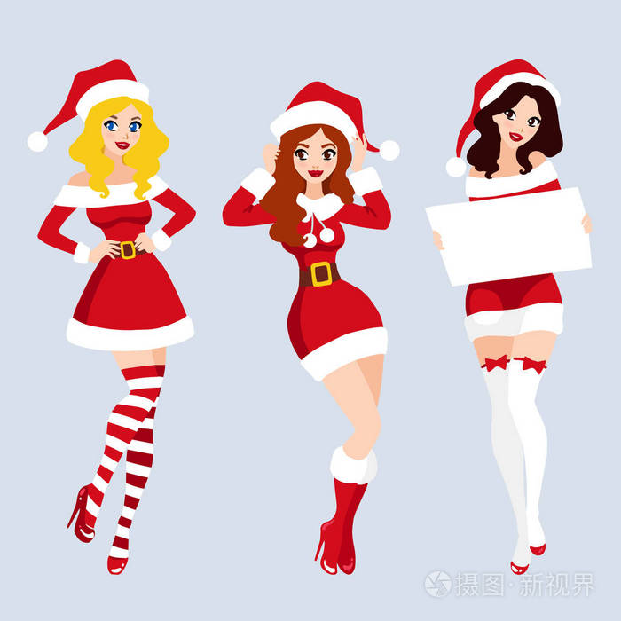 美丽的女孩穿着圣诞老人的衣服一套.圣诞老人的女人分离的卡通矢量图