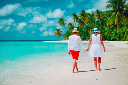 幸福恩爱的夫妻，在热带的海滩上行走