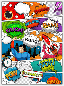 漫画书页除以线与语音泡沫 火箭 超级英雄和声音效果。复古背景模型。漫画的模板。矢量图