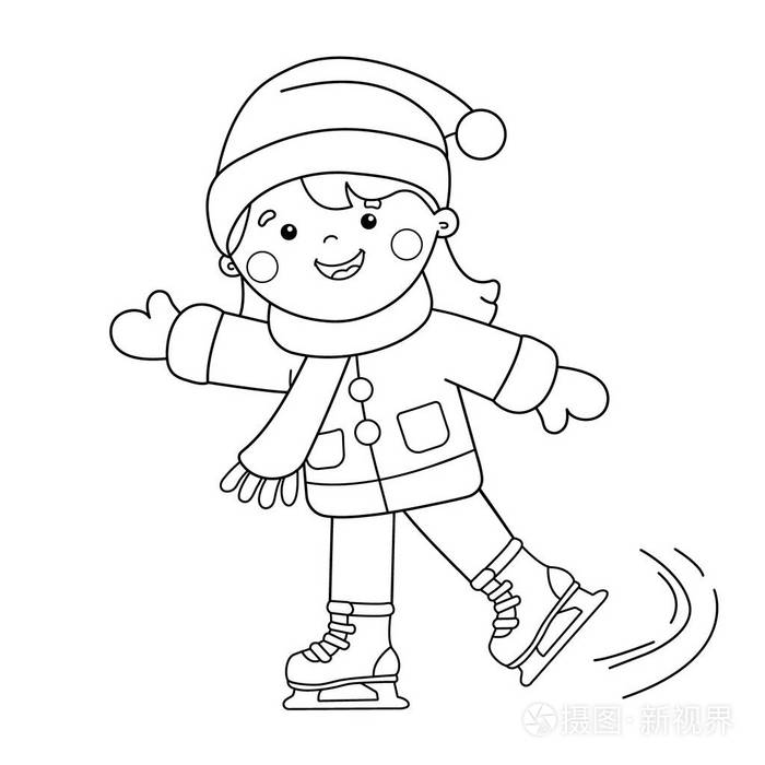 着色页大纲的卡通女孩滑冰冬季运动项目孩子们的图画书