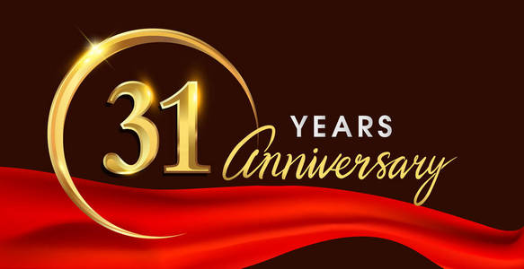 31周年纪念标识与金黄圆环在红色丝带典雅的背景, 矢量设计为生日庆祝, 贺卡并且邀请卡片
