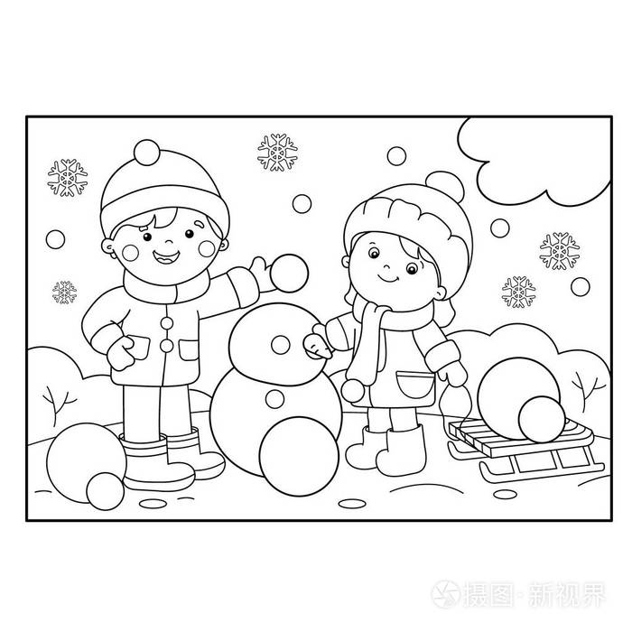 着色页大纲的卡通男孩和女孩在一起堆雪人冬天孩子们的图画书