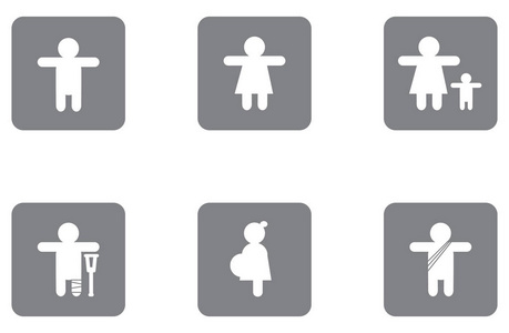 关于男人女人孩子怀孕和尚孤立矢量的灰色背景上的白色图标