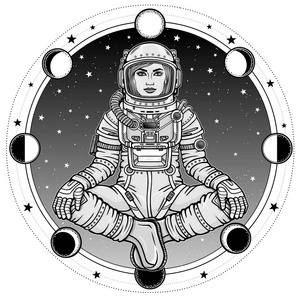 女宇航员的动画人物坐在佛像的姿势。在太空冥想。背景夜空, 月亮的阶段。矢量插图被隔离。打印, 海报, t恤, 卡片