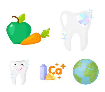 一颗闪闪发亮的牙齿, 一个苹果, 胡萝卜对牙齿有用, 牛奶在盒子里, 奶酪和钙的标志, 一颗微笑的牙齿。牙科护理集合图标卡通风格