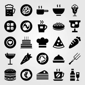 餐厅矢量图标集。汉堡, 咖啡, 叉子和平底锅