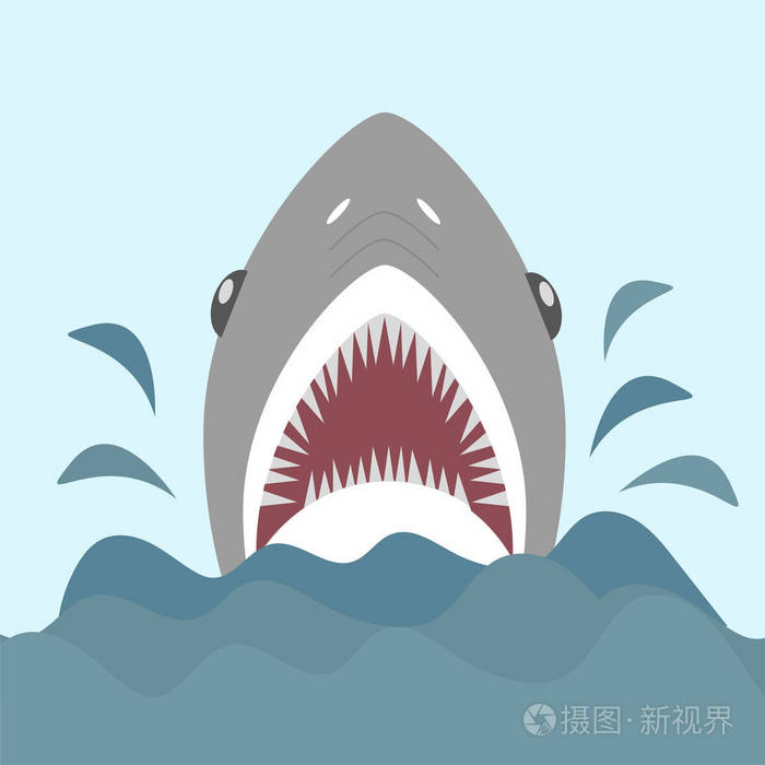 鲨鱼与开口和锋利的牙齿在平坦的卡通风格的矢量图