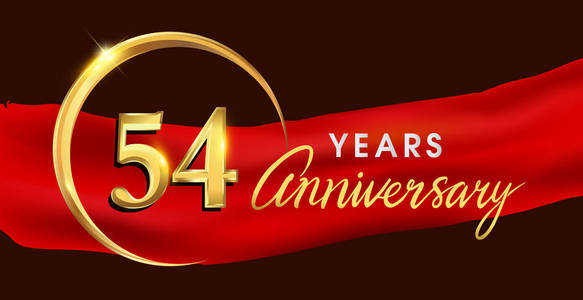 54周年纪念标识与金黄圆环在红色丝带典雅的背景, 矢量设计为生日庆祝, 贺卡并且邀请卡片