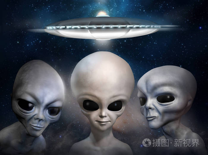 三不同的灰色外星人在宇宙的天空和飞碟的背景.3d 插图