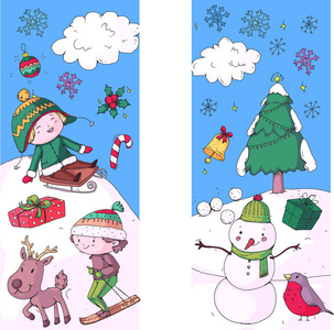 与孩子们一起庆祝圣诞快乐。孩子们用滑雪礼物圣诞老人雪人画插图。男孩和女孩玩, 并有乐趣。学校和幼稚园, 学龄前儿童