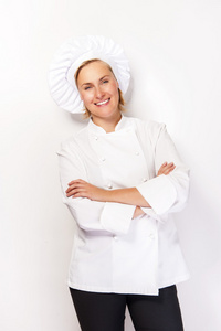 在厨师装在白色的背景与 cro 微笑的女厨师