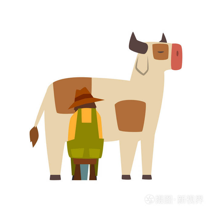 插画 男性农夫挤奶母牛, 农场工作者在工作媒介例证在白色背景下.