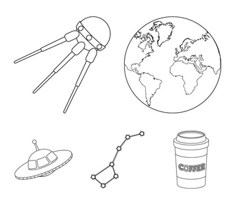 行星地球与大陆和海洋，飞行卫星，大熊座，不明飞行物。空间在大纲样式矢量符号股票图 web 设置集合图标