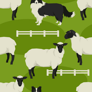 绵羊和牧羊犬矢量插画农场动物几何风格无缝图案