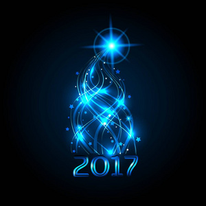 丝带的圣诞树。蓝光的圣诞灯。2017 年庆祝活动。矢量图