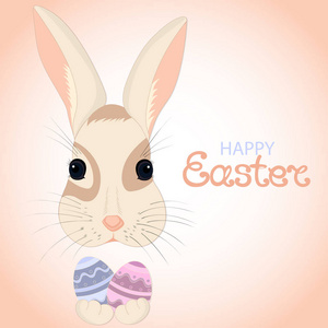 复活节兔子把帕沙尔蛋放在兔子爪子里。基督复活贺卡