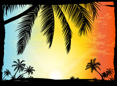 卡与现实棕榈树剪影在热带 grunge 日落海滩背景