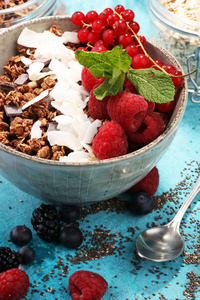燕麦健康早餐与天然酸奶, 麦片和 berrie