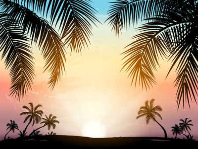 卡与现实棕榈树剪影在热带 grunge 日落海滩背景