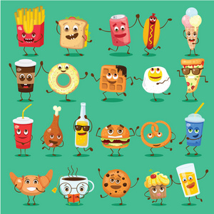卡通滑稽的食物和饮料字符矢量插图蛋糕, 牛角面包, 杯茶和咖啡, 炒鸡蛋, 汉堡包, 热狗和薯条和其他的情绪