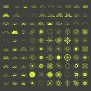 一大套复古的太阳爆裂的形状。100个老式标志, 标签, 徽章。矢量设计元素隔离。最小的黑色烟花爆裂