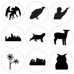集9个简单的可编辑图标, 如黑猫头鹰, 黑色波士顿天空, 黑色棕榈树, 黑羊, 黑山猫, 黑色达拉斯天空, 福尔摩斯, 秃鹫, 