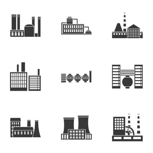本厂集在黑色风格的图标。工厂矢量符号股票图大集合
