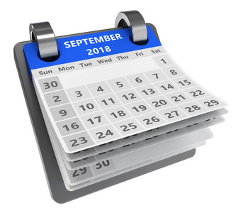 3d 蓝色日历被隔绝在白色背景, 2018年9月页