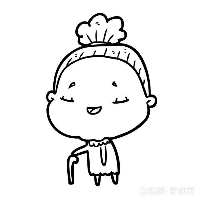 带手杖的老妇人的线条画