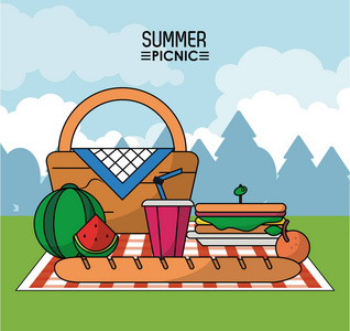 五颜六色的海报夏季野餐与户外景观和野餐篮在桌布与西瓜, 三明治和饮料